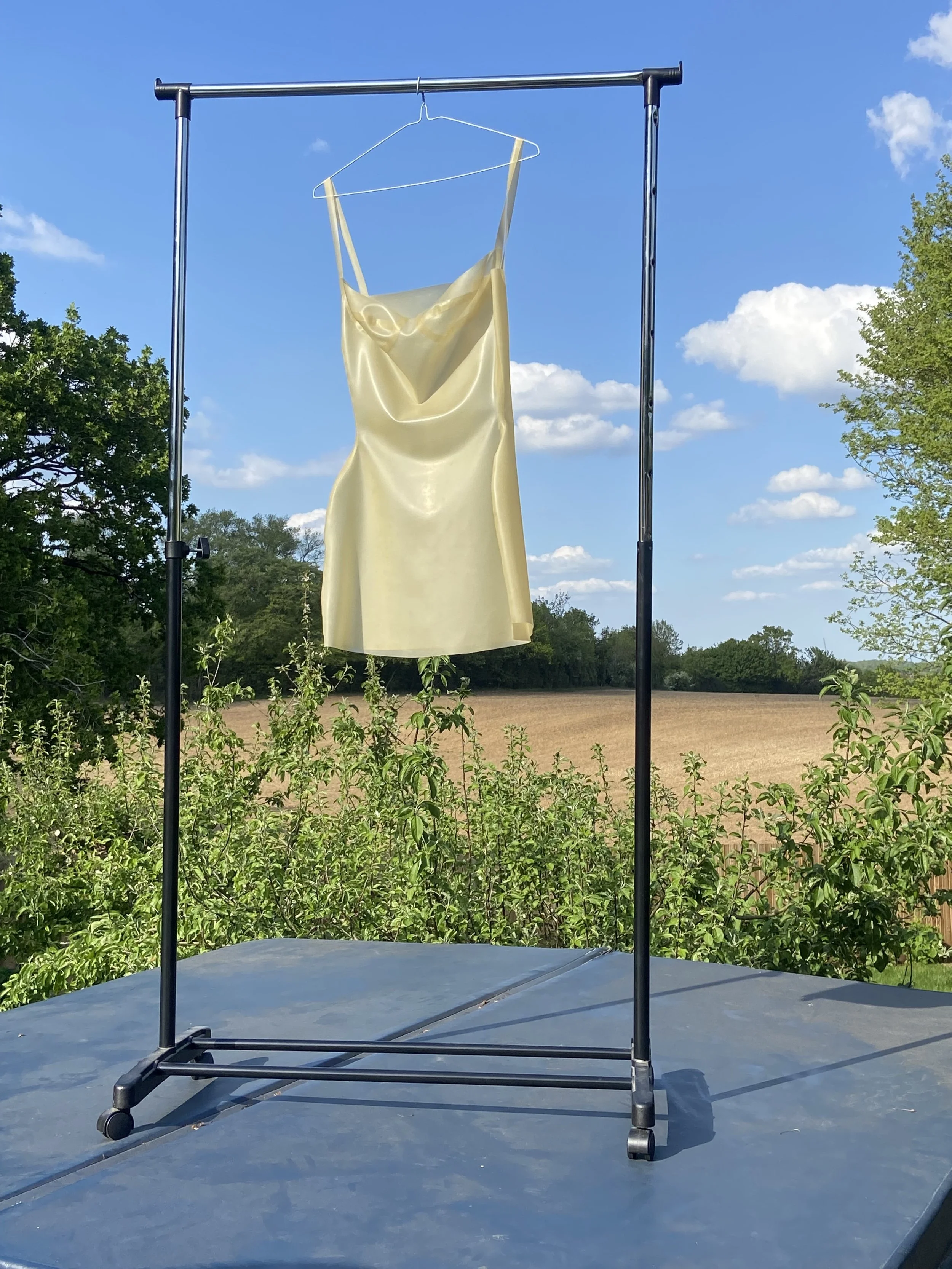 Translucent latex Bunni slip dress.