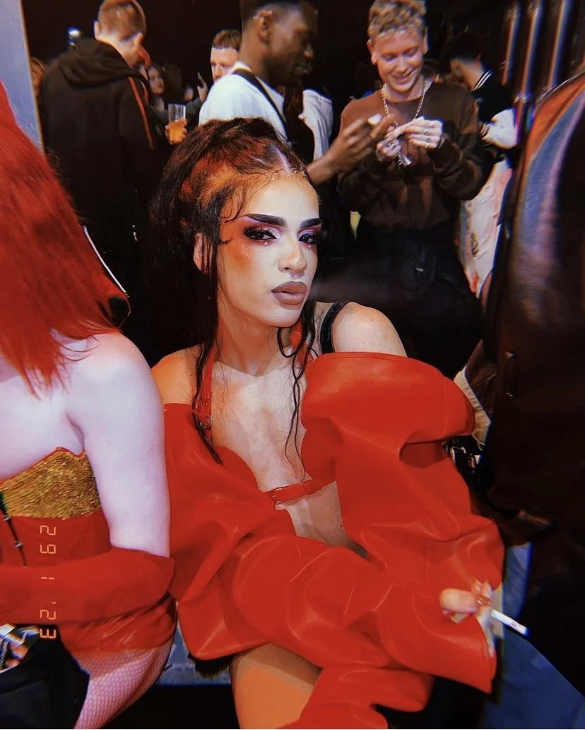 Kikiara in Custom red pleather gloves 
