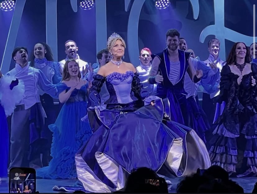 Mazz Murray wearing custom ‘Queen Charlotte’ corset, skirt and sleeves in Sea Witch the Musical. 