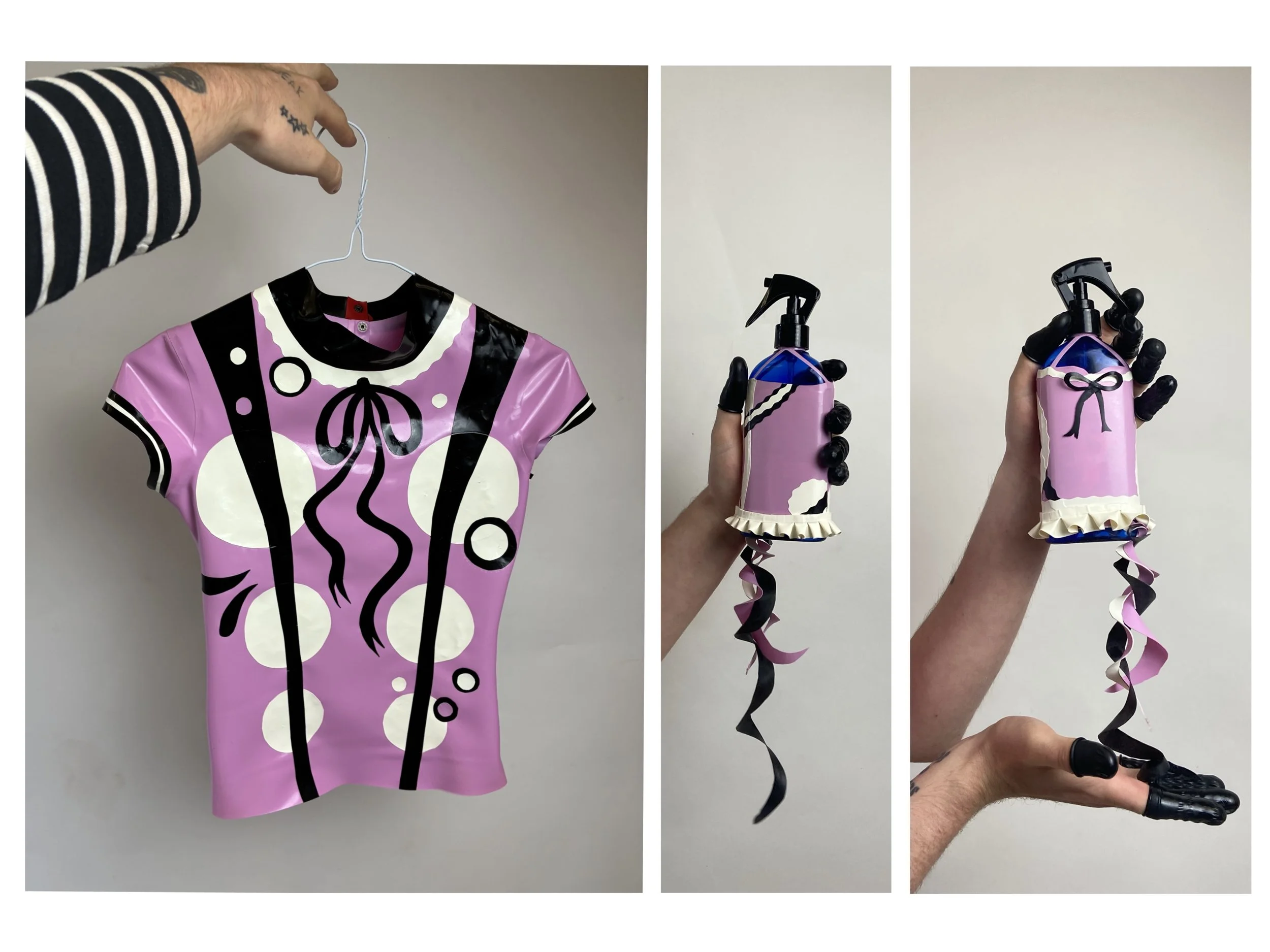 The lilac latex baby- tee with matching latex shine spray bottle. Shot by Pip Aldridge. Retouches by William. F. Henderson.