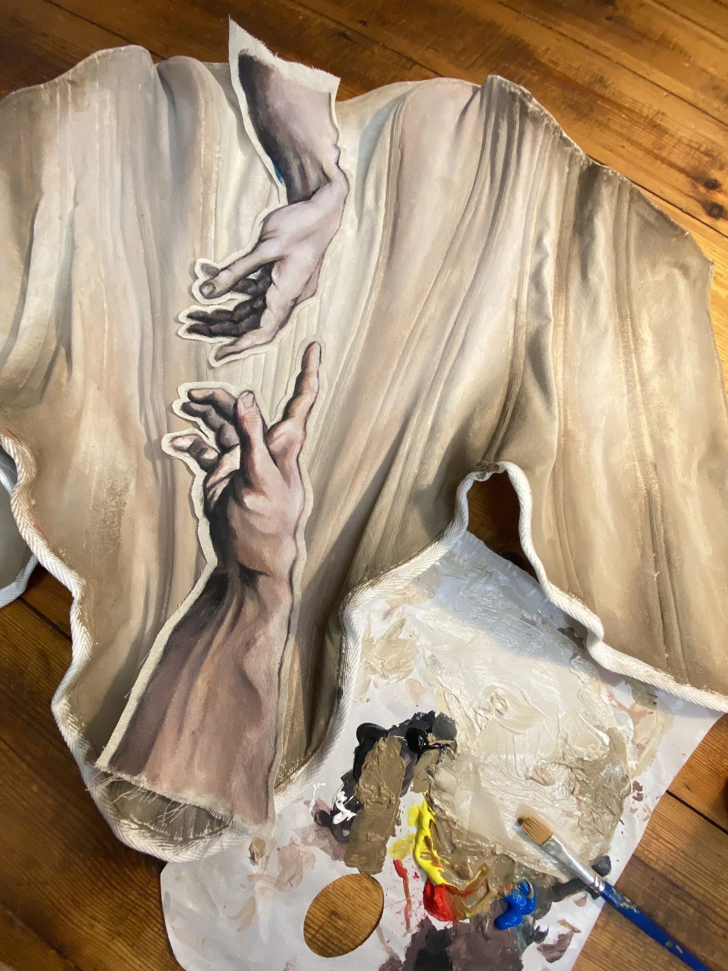 Process photo of custom ‘Michelangelo's Creation of Adam' Corset for Victoria Northbound shot by Williamfhenderson 