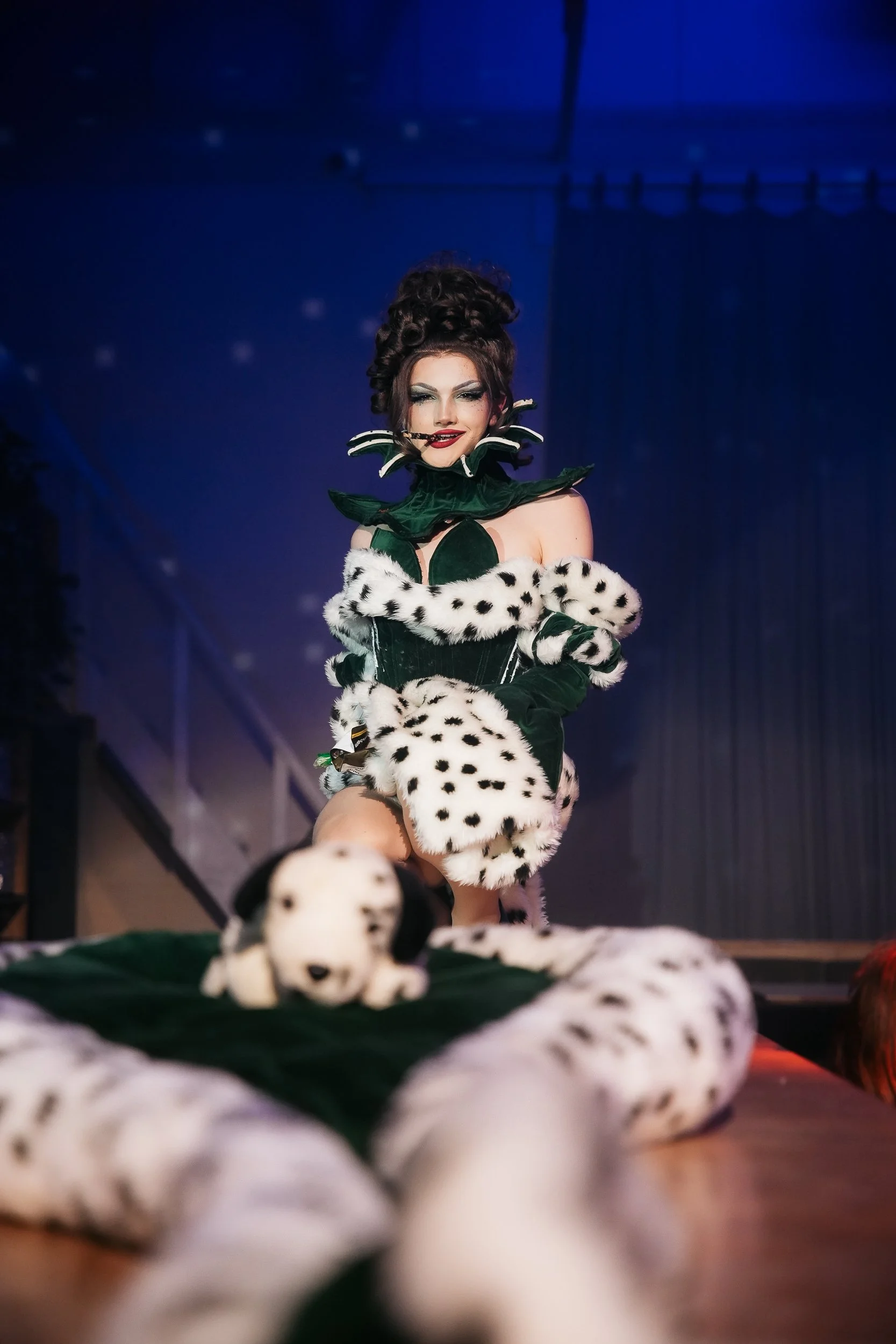 Wilma Hickey Heel in ‘Dalmation Jasper’ corset alongside Willoughby the Dalmation 
shot by Josh Cadogan
