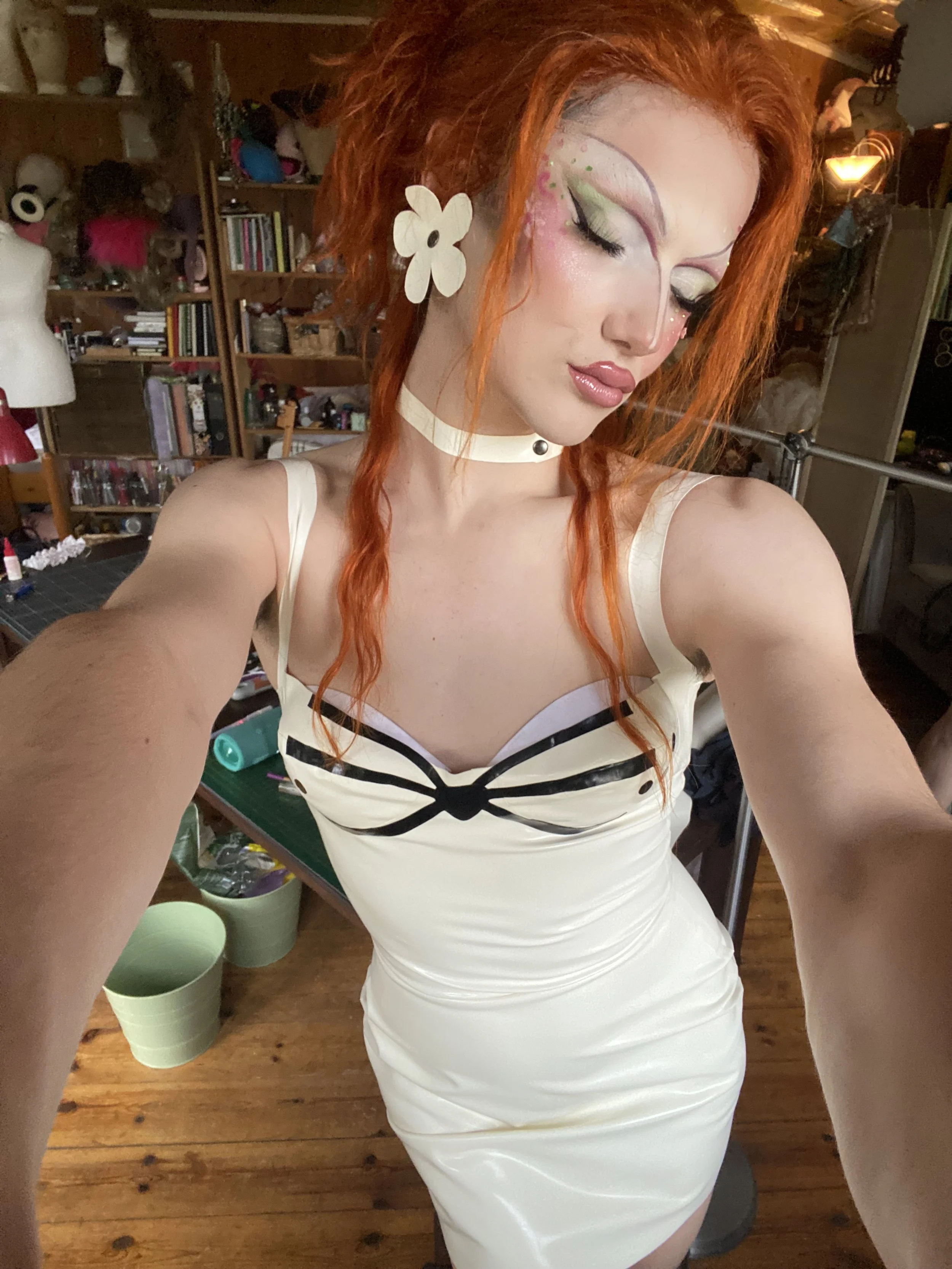 Wilma Hickey Heel wearing the feline latex Bunni slip dress.