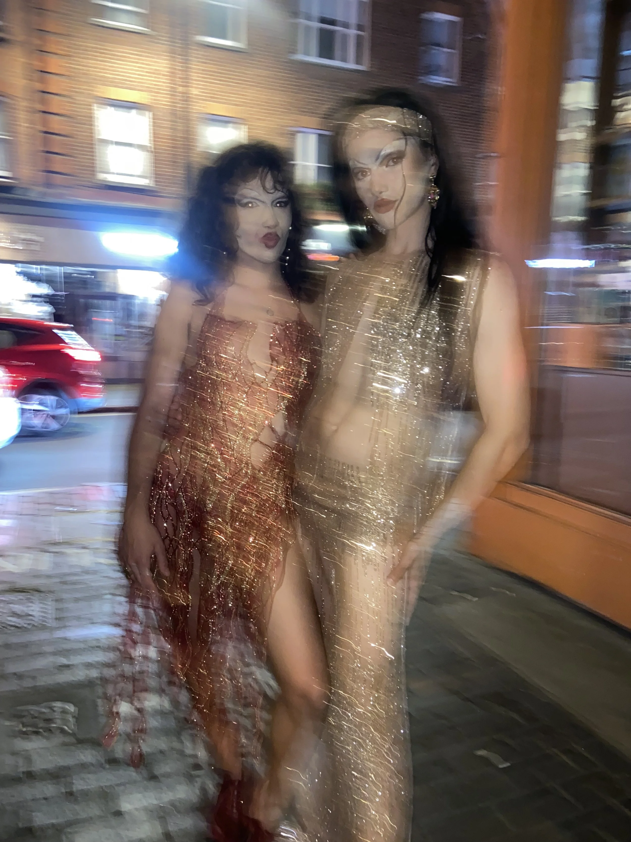 Wilma Hickey Heel and Talia Martin in Mackie inspired sparkly outfits.