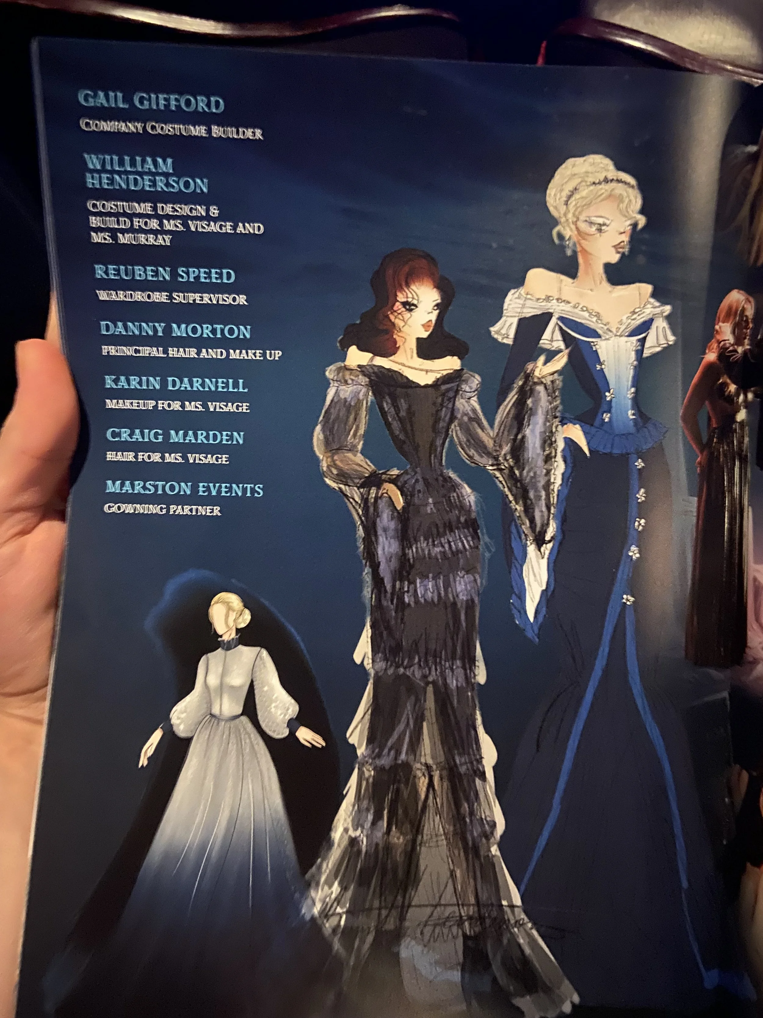 The Sea Witch the Musical brochure featuring William. F. Hendersons fashion illustrations for both Michelle Visage and Mazz Murray’s Sea With the Musical costumes.