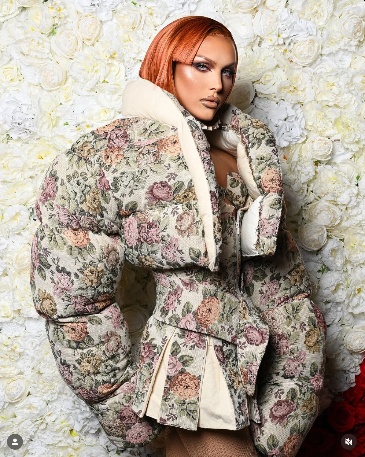 Awhora in floral puffer for The Devil Wears Prada Musical press night. 