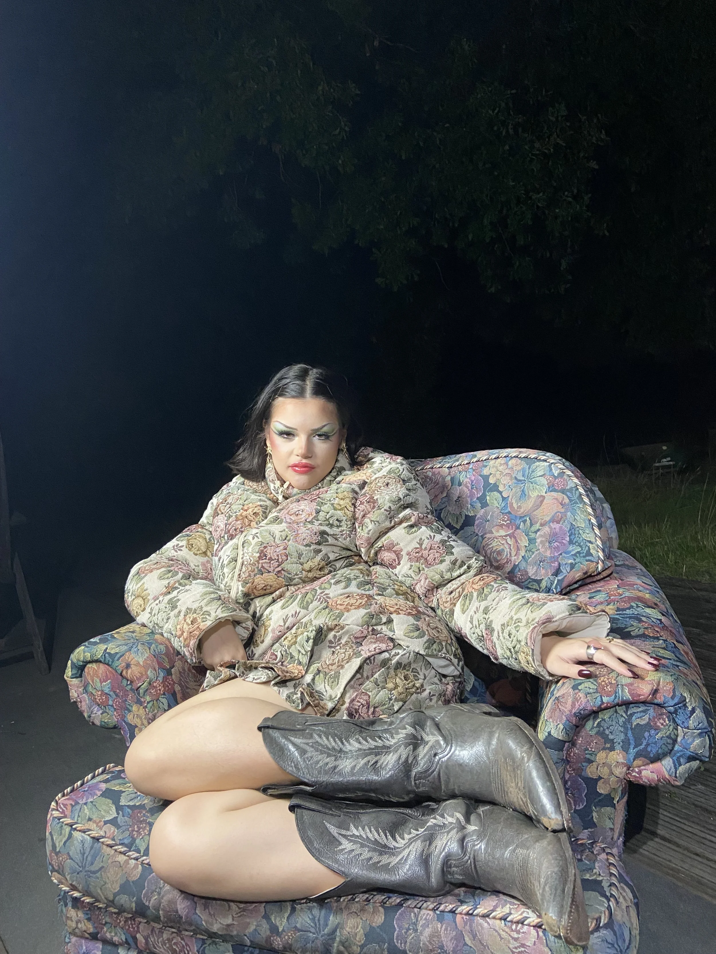 Xtina Kitten Heel in Ready to Wear Floral Puffer shot by Williamfhenderson 