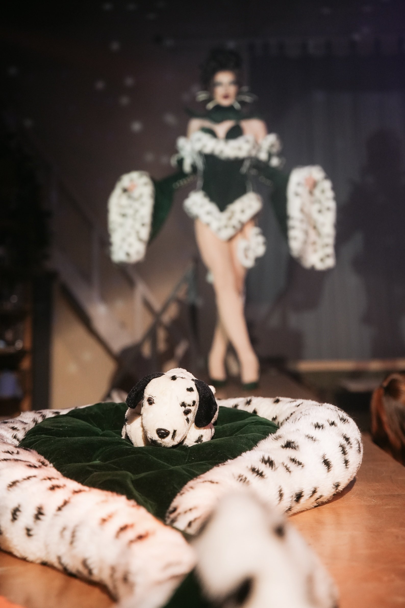 Wilma Hickey Heel in ‘Dalmation Jasper’ corset alongside Willoughby the Dalmation 
shot by Josh Cadogan