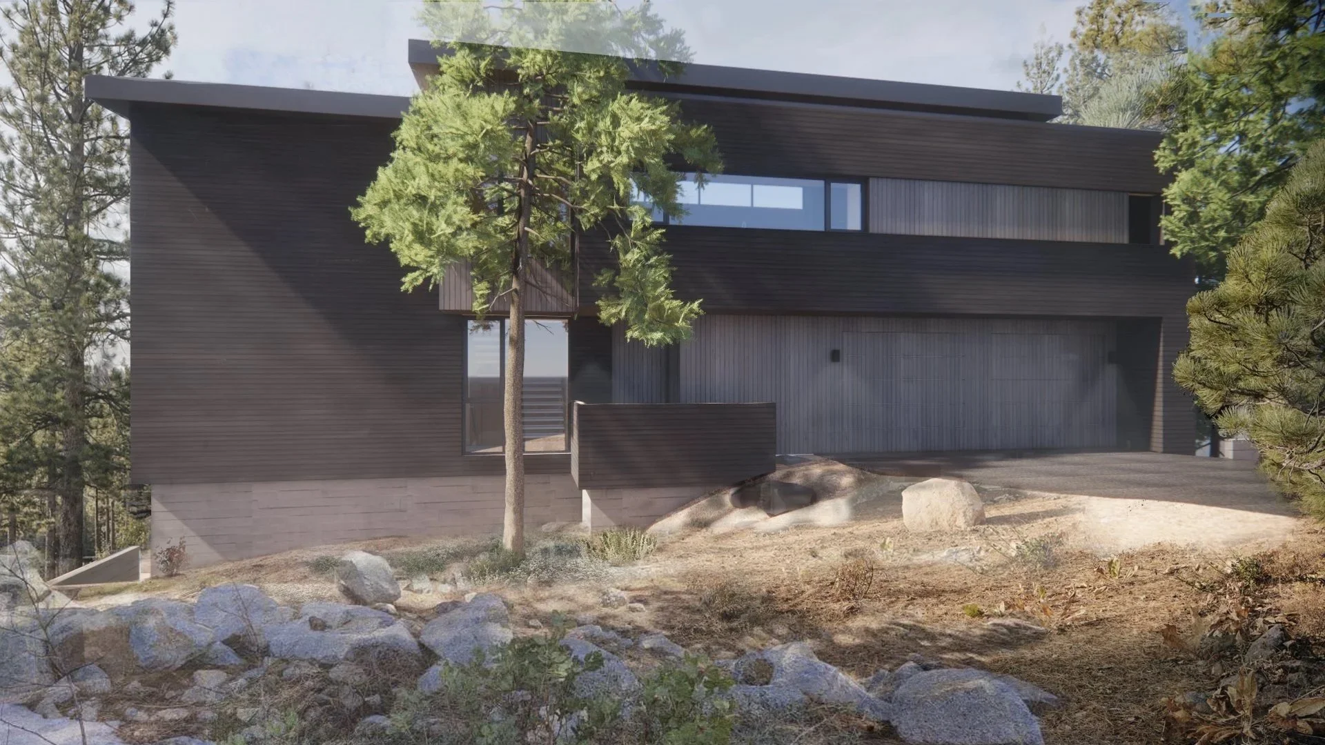 Modern burnt shou-sugi ban wood sided house with large viewing windows, surrounded by mountain pine forest and boulders.