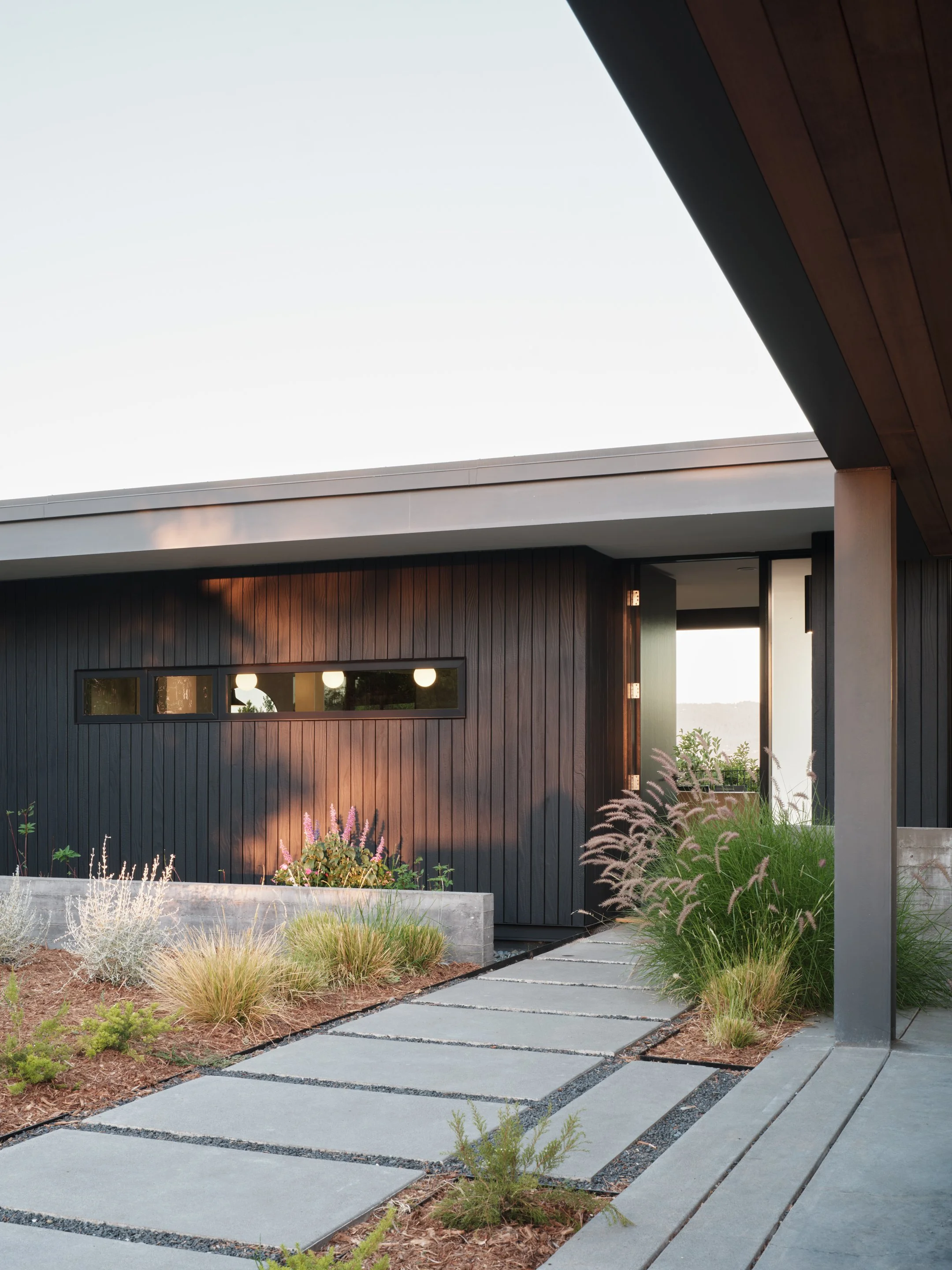 Modern house with dark wood exterior, concrete pathway, and landscaped garden with grasses and flowering plants, during dusk or early evening.