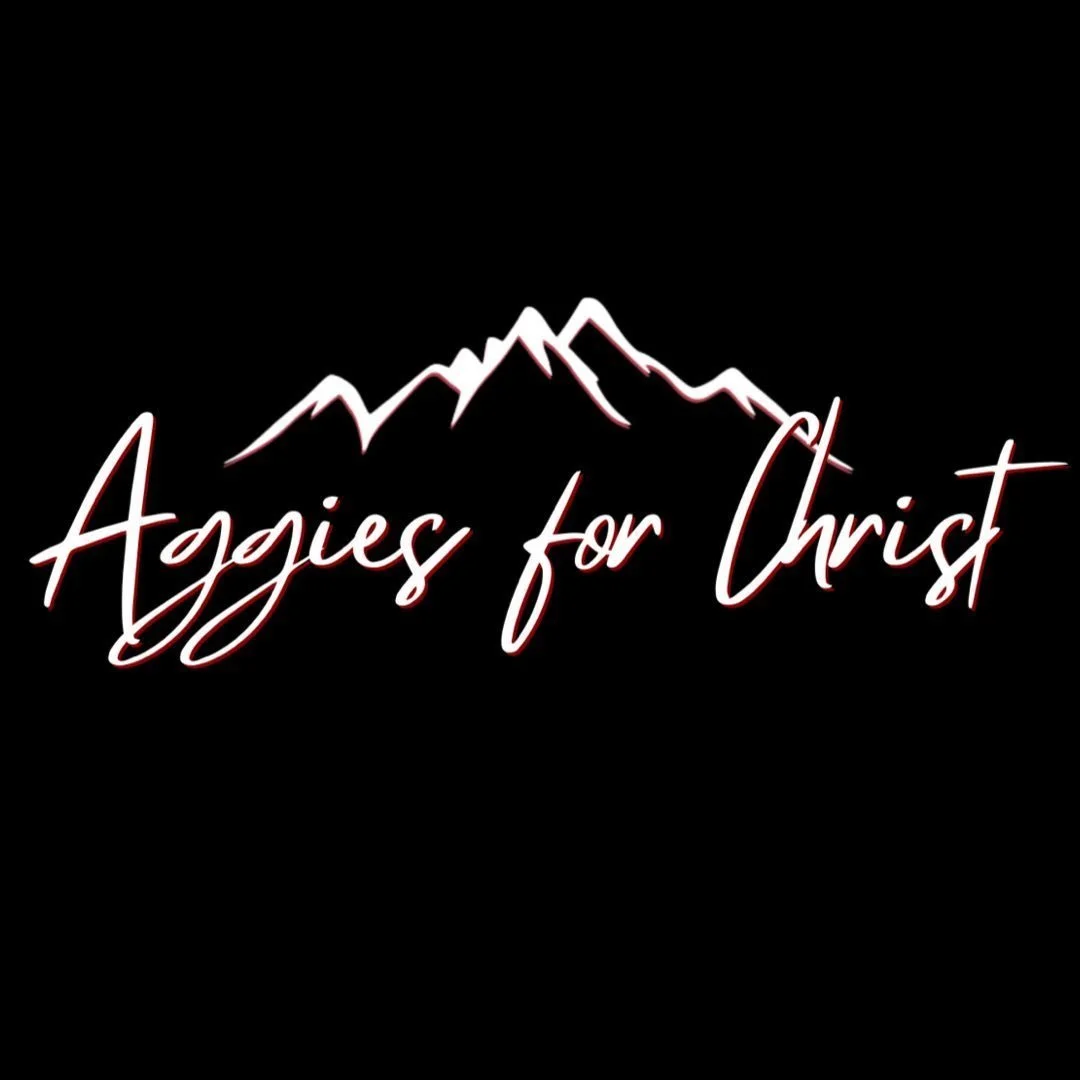 Logo with mountain outline and the text 'Aggies for Christ' in cursive font on a black background.