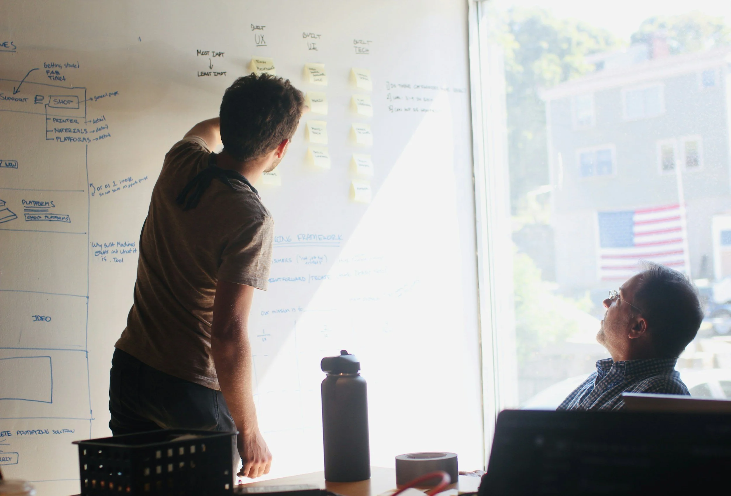 Two people in a meeting room discussing a whiteboard filled with notes, diagrams, and sticky notes. One person is standing and pointing at the whiteboard, while the other is seated, looking up at the standing person. There's a window showing a building and an American flag outside.