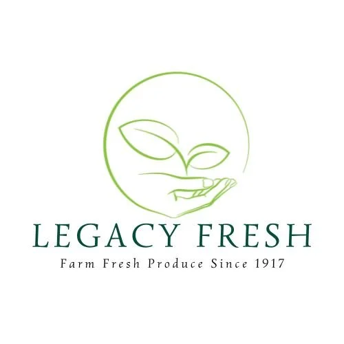 A logo for Legacy Fresh featuring a minimalist illustration of a hand holding a small plant with two leaves, encircled by a thin green line. The text reads 'LEGACY FRESH' and 'Farm Fresh Produce Since 1917'.
