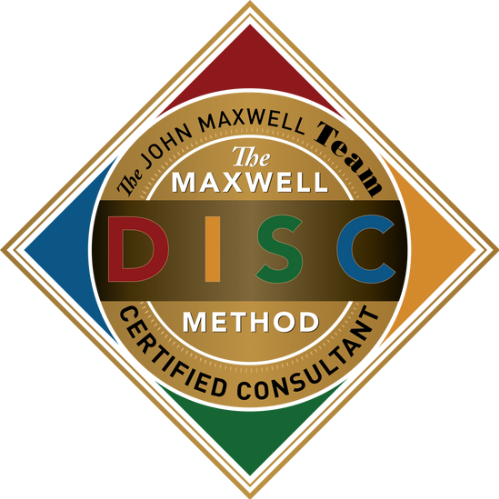 Logo for The Maxwell Team, DISC method, Certified Consultant, featuring a diamond shape with red, blue, green, and orange sections, and a central gold circle with the text 'The Maxwell DISC Method'.
