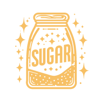 A stylized illustration of a jar labeled 'SUGAR' with sparkles around it.