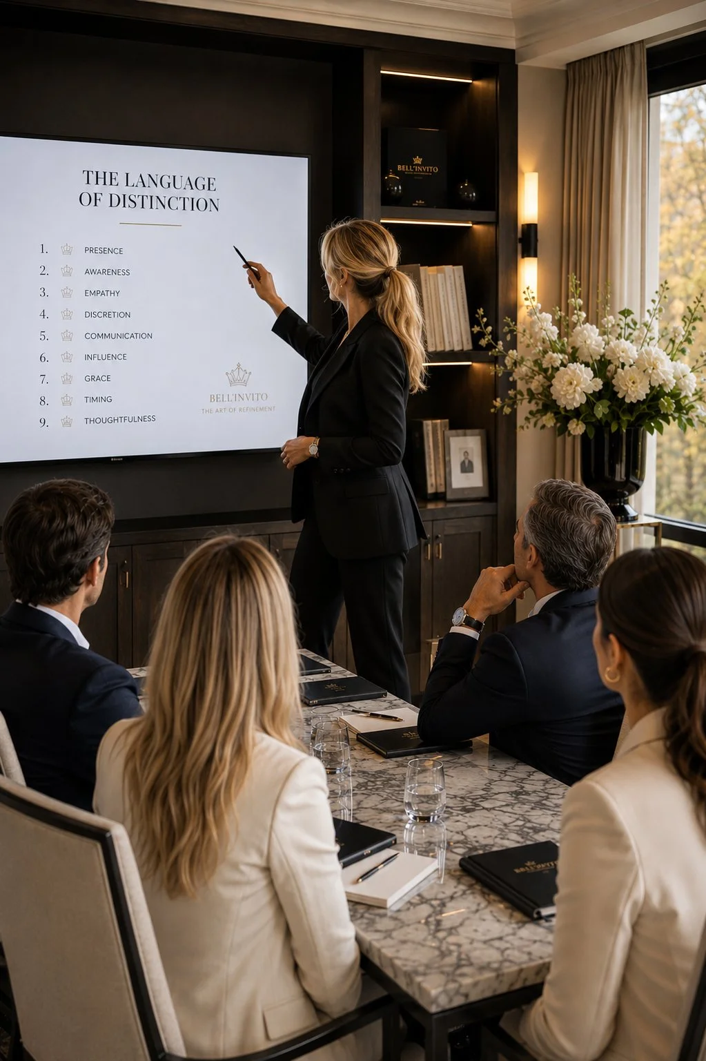 Businesswoman presenting “The Language of Distinction” to executives in an upscale meeting room