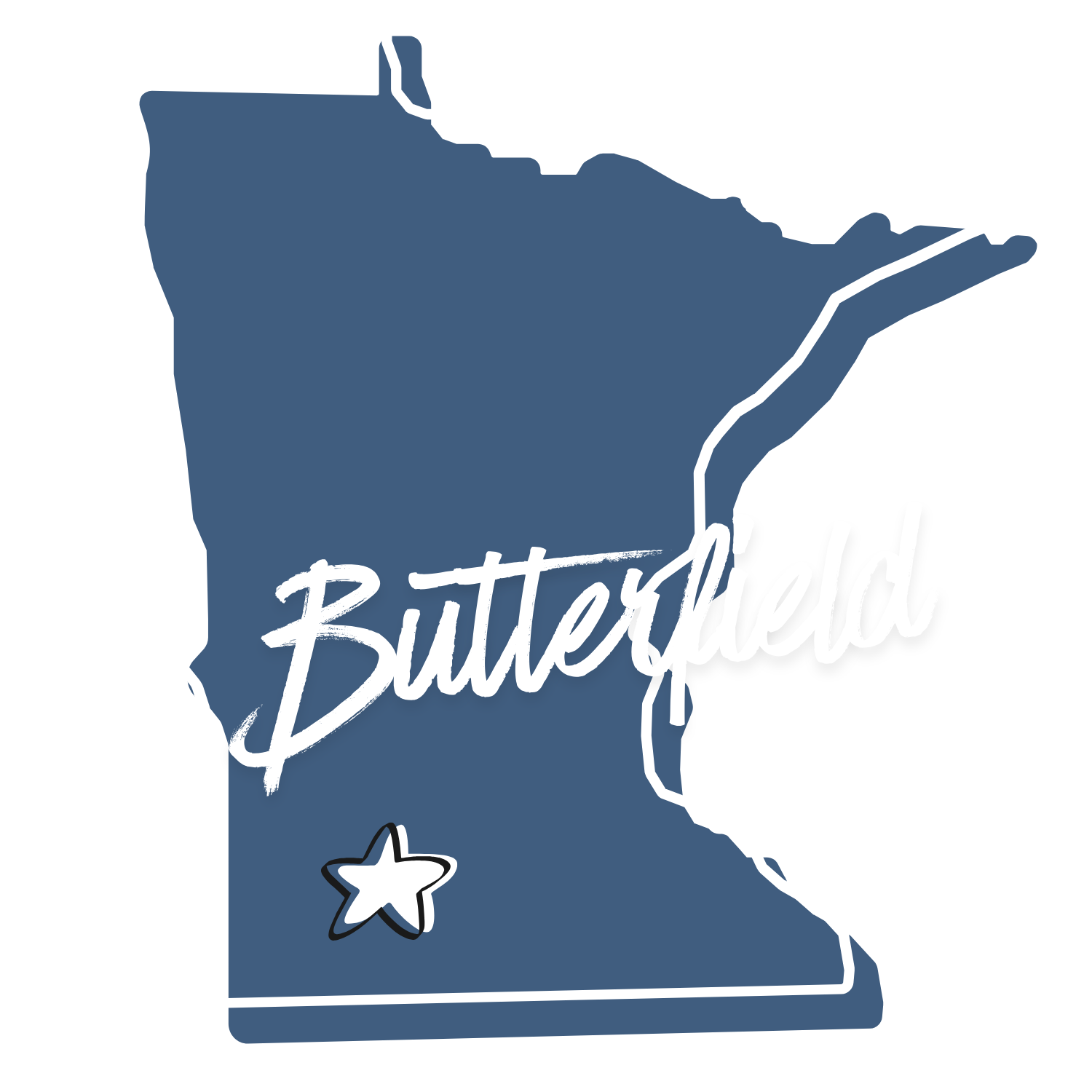 Illustration of the state of Texas with the word 'Butterfield' written across it and a star in the bottom left corner.