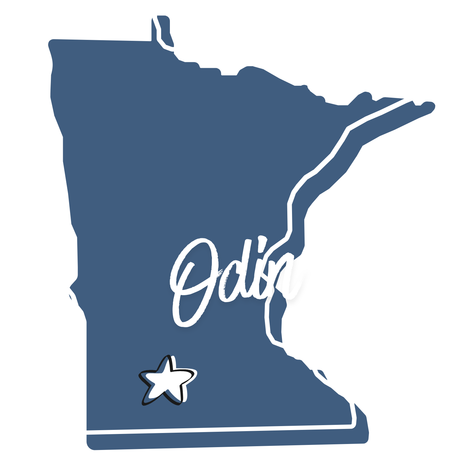 Map of the state of Minnesota with the word 'Odin' written across it and a star indicating the city of Odin in the southern part of the state.