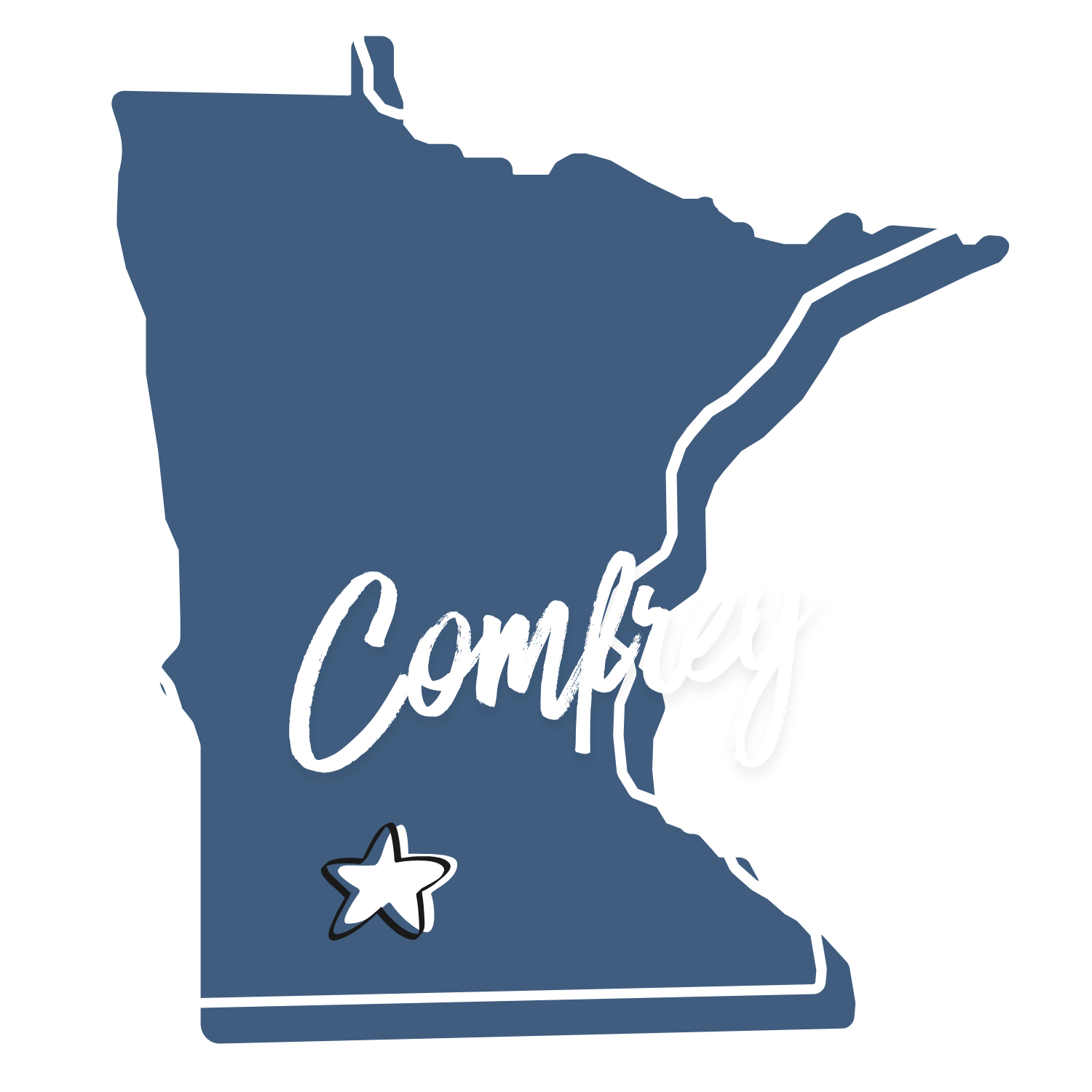 Outline map of Minnesota with the word 'Comfrey' written across it and a star symbol in the southwestern part of the state.