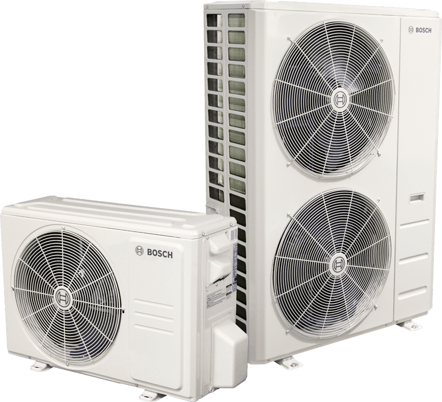 Two white Bosch outdoor HVAC units, one larger with two fans and one smaller with a single fan.