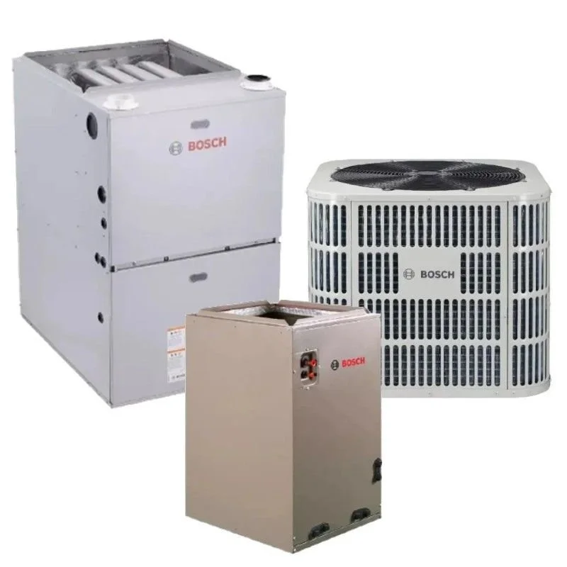 Three Bosch HVAC units including a furnace, an air conditioning condenser, and a smaller component, all used for heating, cooling, and air quality control in buildings.