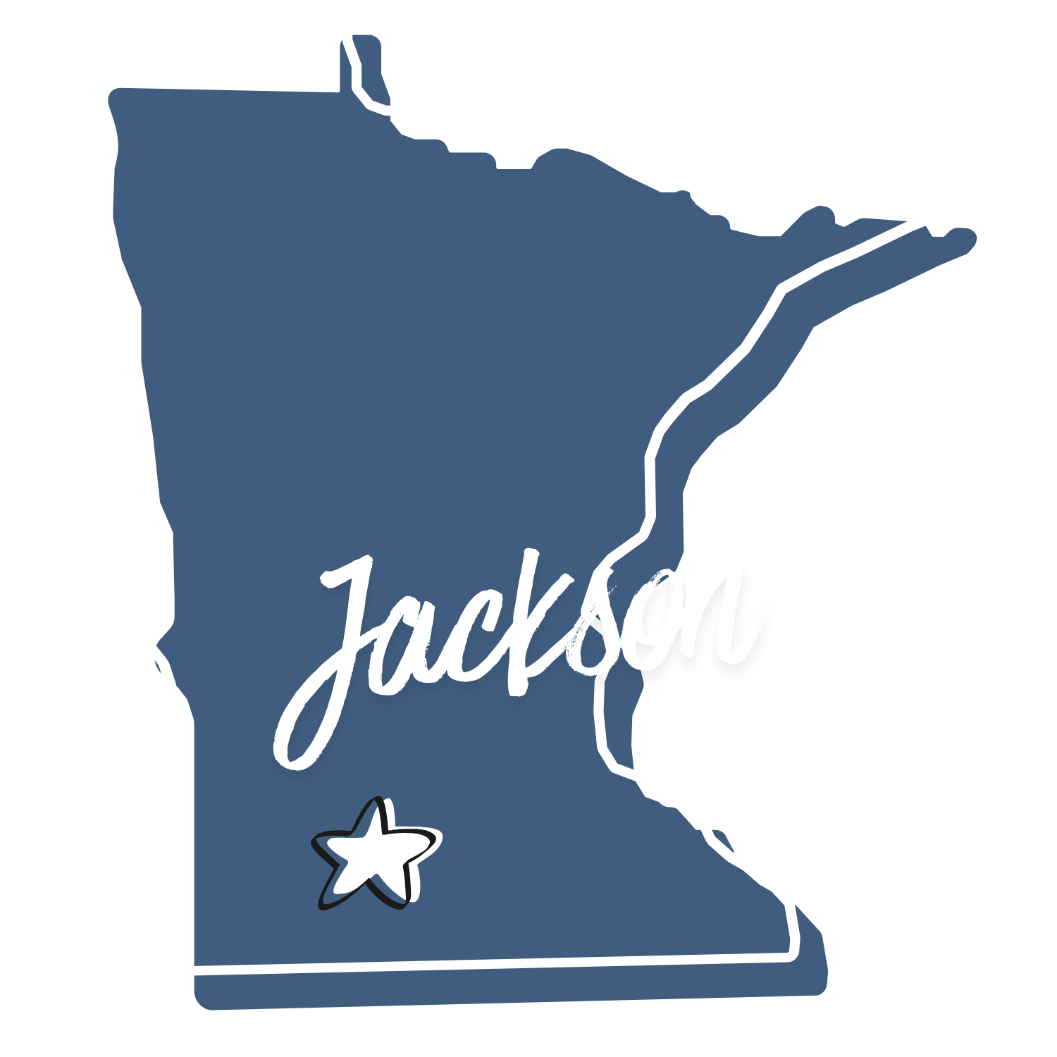 Map outline of the state of Minnesota with the city of Jackson marked by a star and the state's name written across the map.