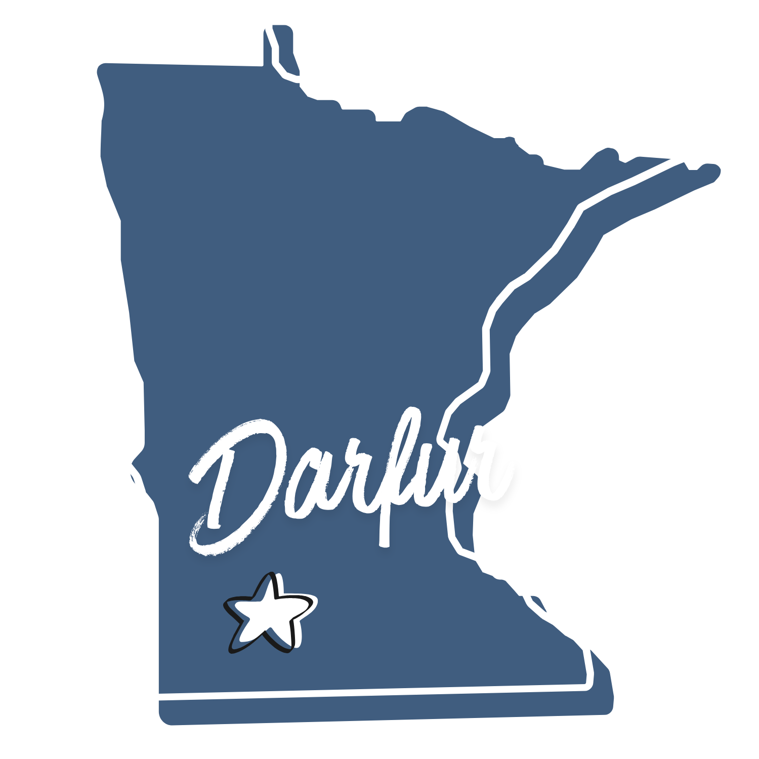 Illustration of the state of Minnesota with a star marking the city of 'Darfur'.