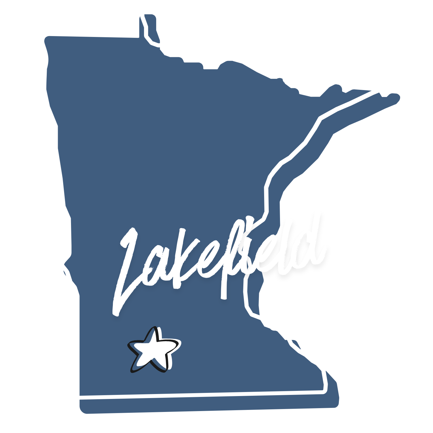 Illustration of the state of Minnesota outlined in white, filled with a dark blue color, with the word "Lakefield" written diagonally across it, and a white star with a black outline marking Lakefield's location in the southwestern part of the state.