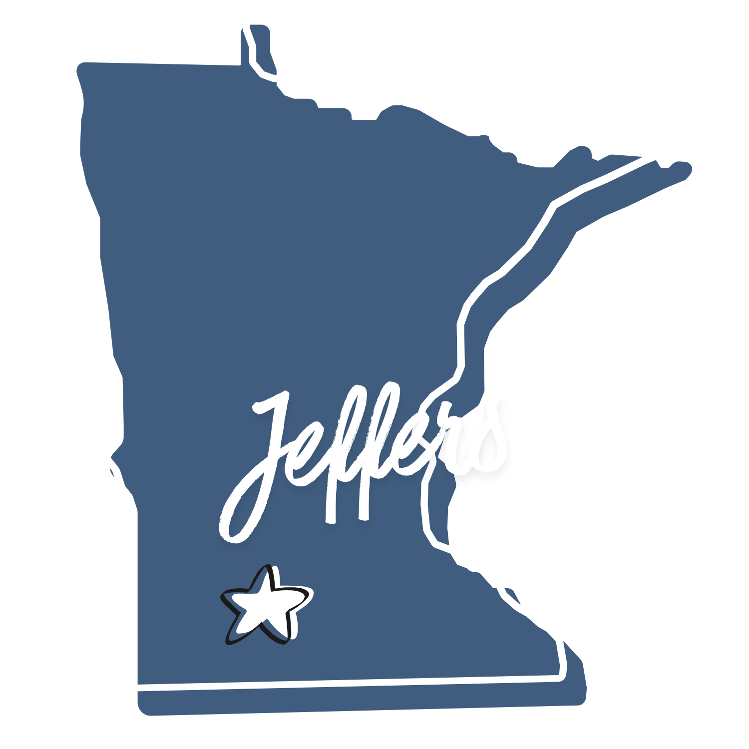 Map outline of the state of Minnesota with blue fill. The word 'Jeffers' in white script across the state and a white star in the southwest corner.