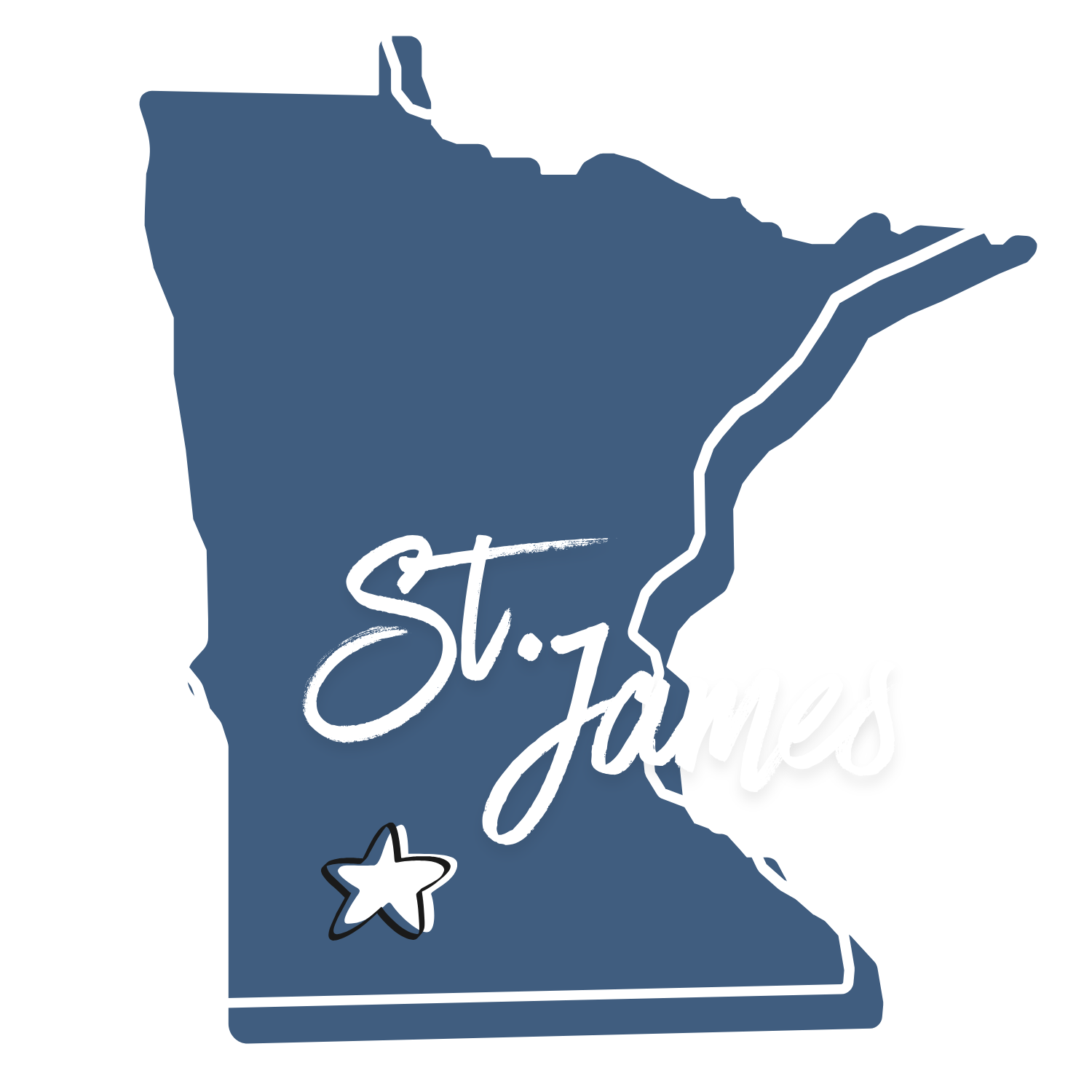 Outline map of the state of Minnesota in dark blue with a white border, a white star marking the city of 'St. James'.