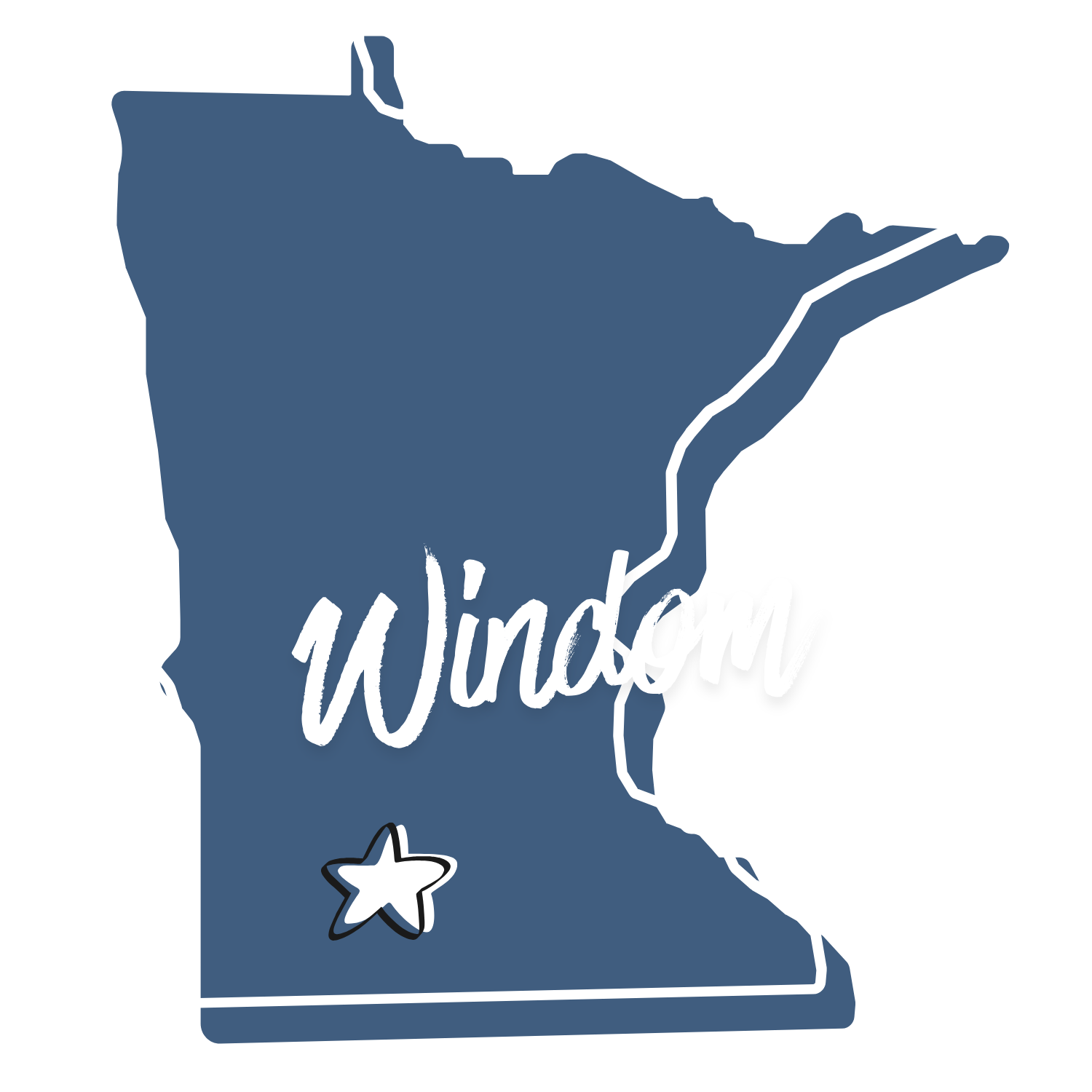 Map outline of the state of Minnesota with the word 'Windom' overlaid and a star marking a location in the southwestern part of the state.