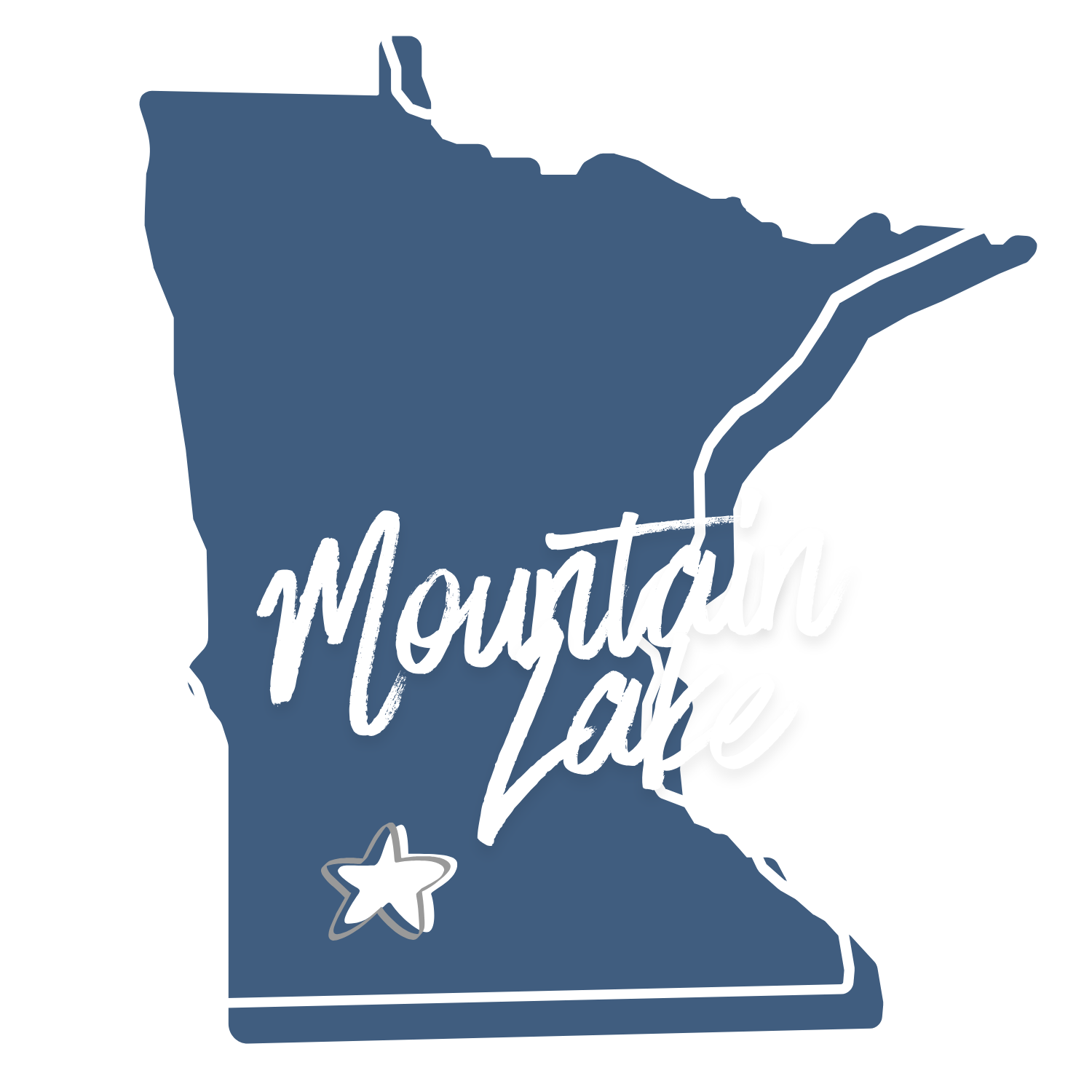 Outline of the state of Minnesota filled in with a dark blue color, with white border. Inside, there is a gray star in the southwest part of the state. The words "Mountain Lake" are written prominently in white, cursive text across the center of the state outline.
