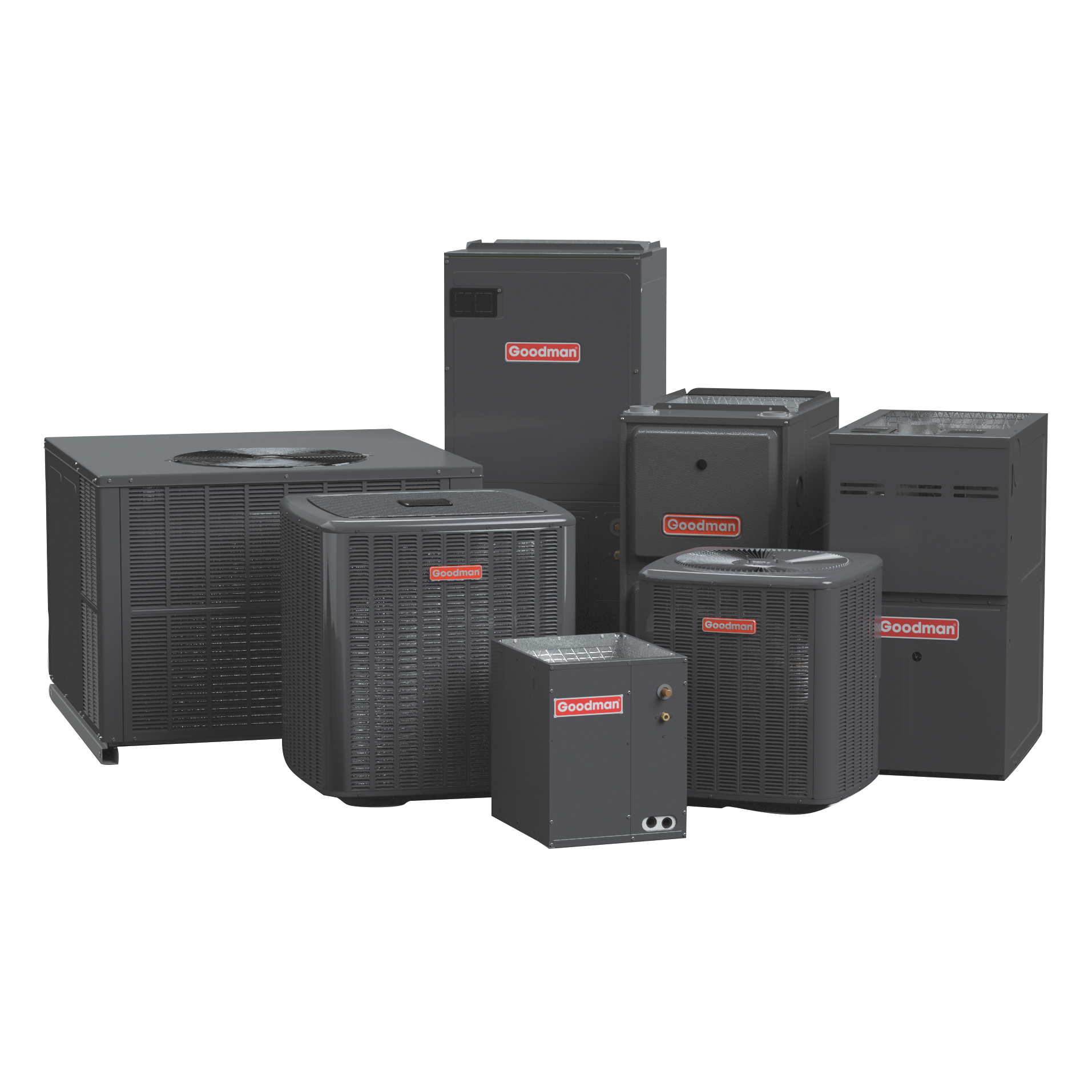 Collection of Goodman brand HVAC units and air conditioning compressors.