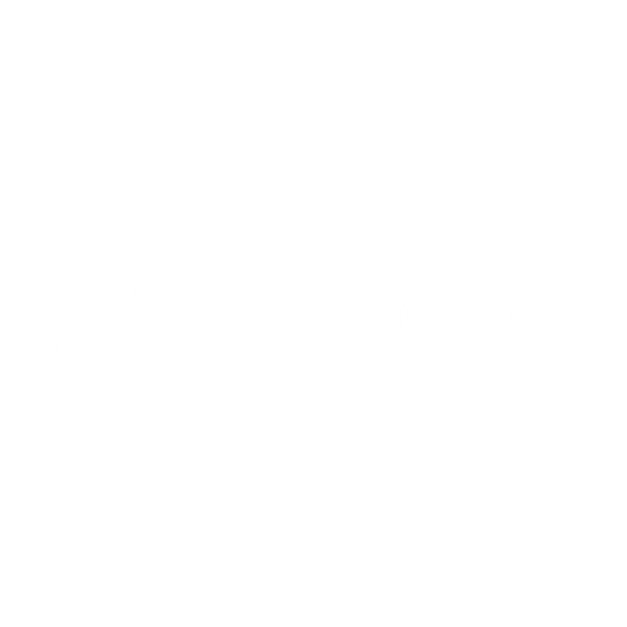 Black background with a white logo of a small globe and the word 'VIRTUOSO' in white capital letters.