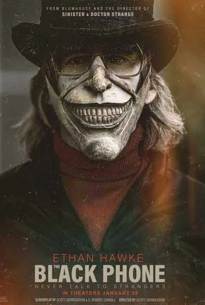 Poster of the movie "The Black Phone" featuring Ethan Hawke, showing a person with a skull-like face painted or mask, wearing a black hat, glasses, red turtleneck, and dark clothing.