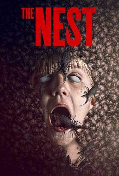 A person's face surrounded by a nest of black insects, with their mouth open and eyes wide, from the movie poster for 'The Nest'.