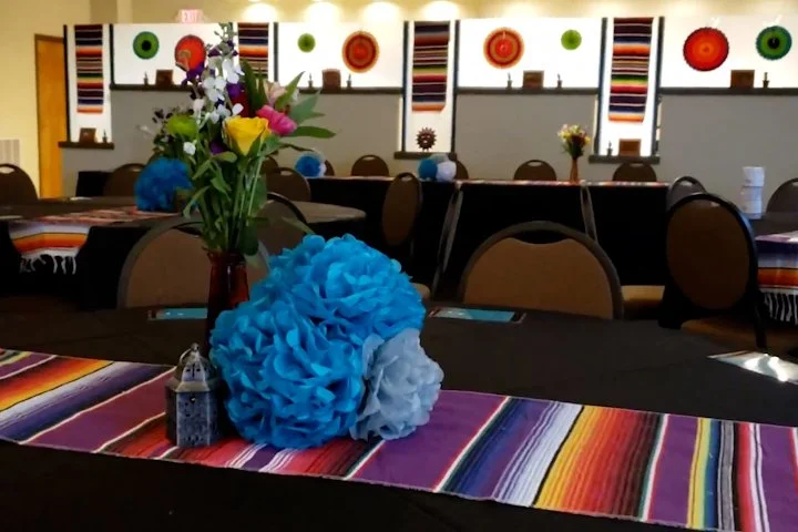 The final venue with our decorations, center pieces, and custom design work around the room. 