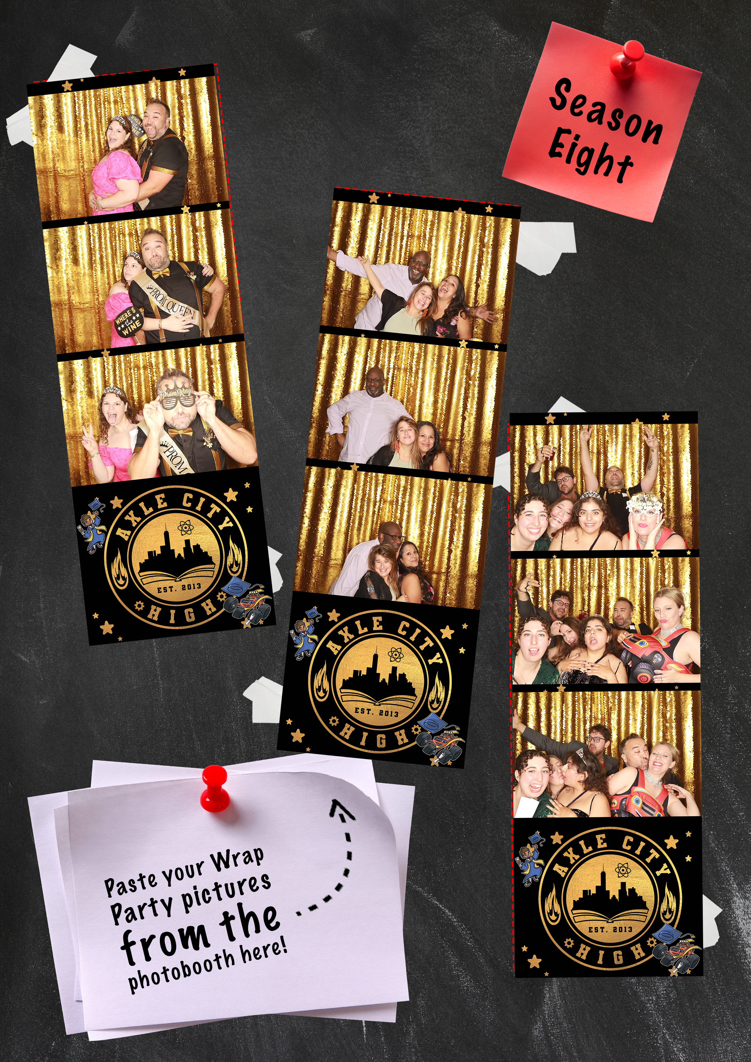 A page inside of the yearbook, where people could print their photobooth images and paste them into the yearbook so that this final party was included in the look back across the years! 

Here, you can also see the photobooth prints, which matched th