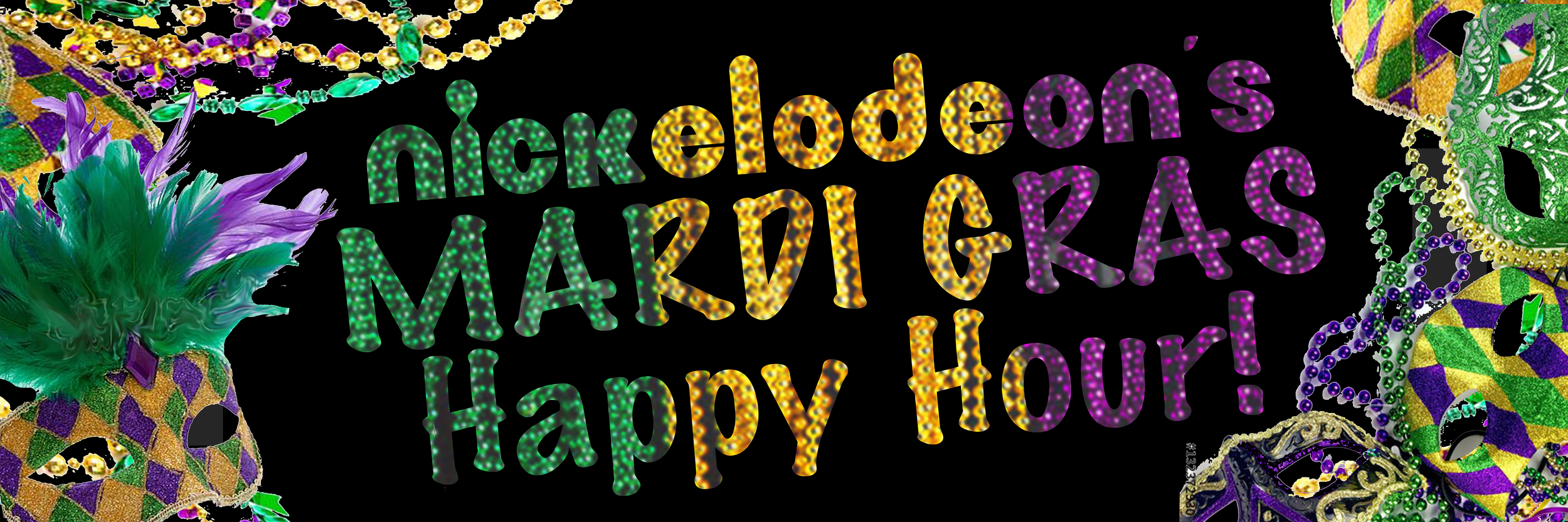 A banner that hung at the event, surrounded by Mardi Gras decor!