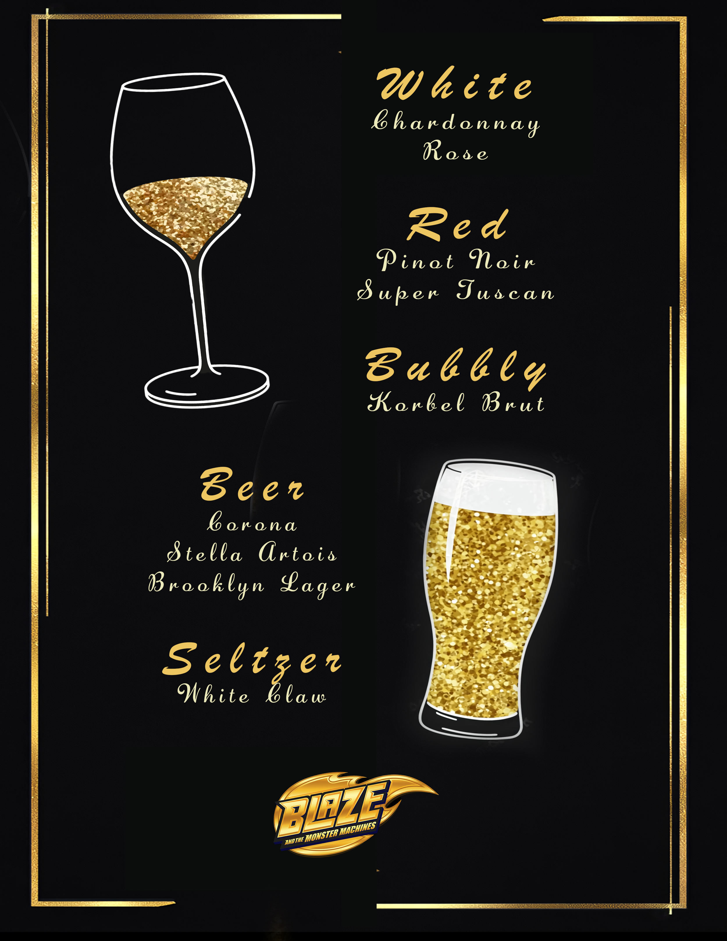 The bar menu, which is a more elegant take on the other signage, with a more elegant "hand written" style, versus the yearbook and entry pages that feature college fonts. 