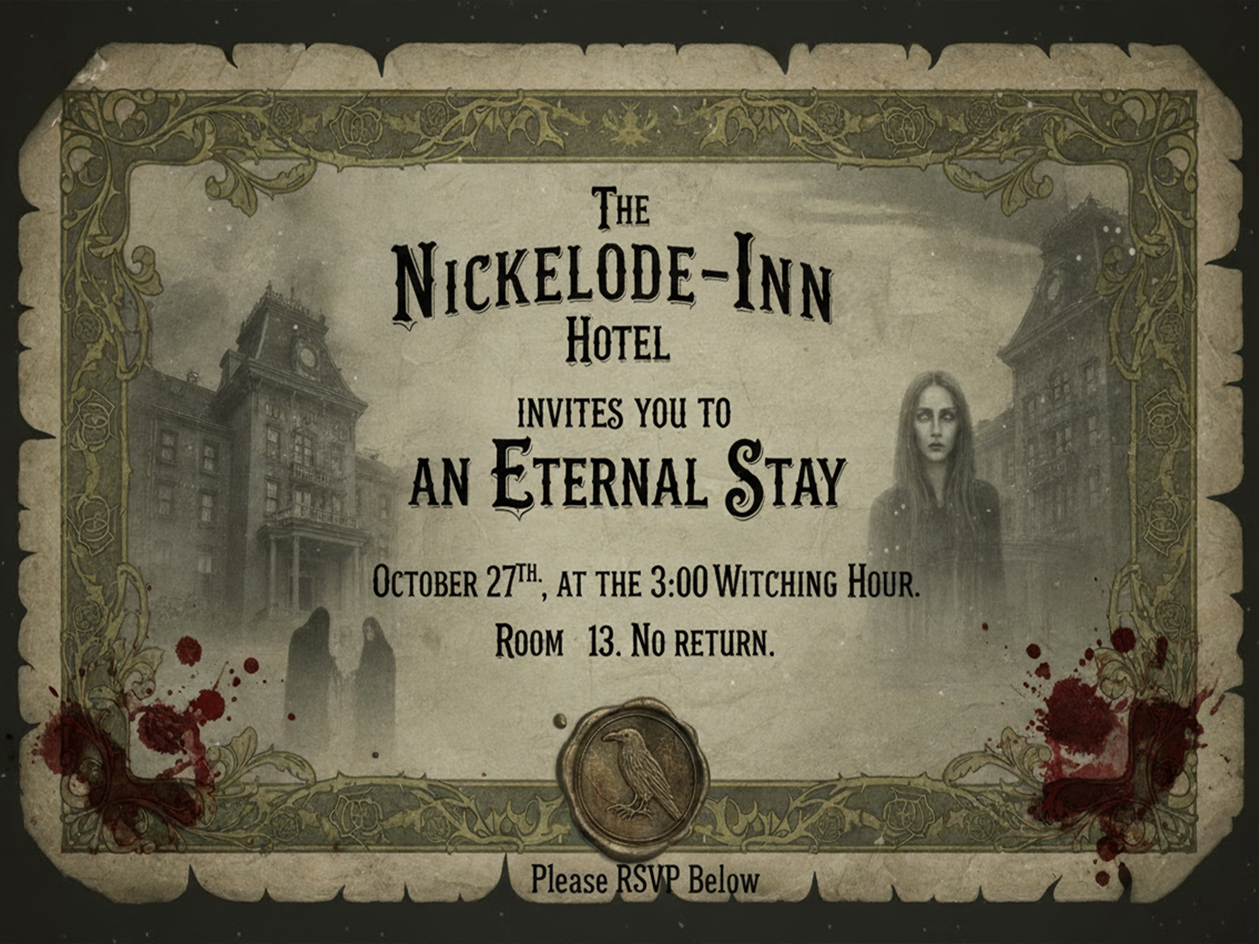 The customized grarphic invite to the Haunted Nickelode-Inn Hotel!