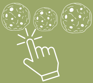 A digital illustration of a hand clicking on some cookies, on a green background.