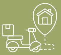Outline drawing of a scooter with a house icon inside a speech bubble above it.