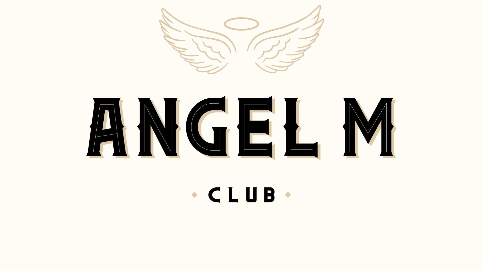 Logo for Angel M Club with angel wings and halo above the name in black, bold letters, on a light background.