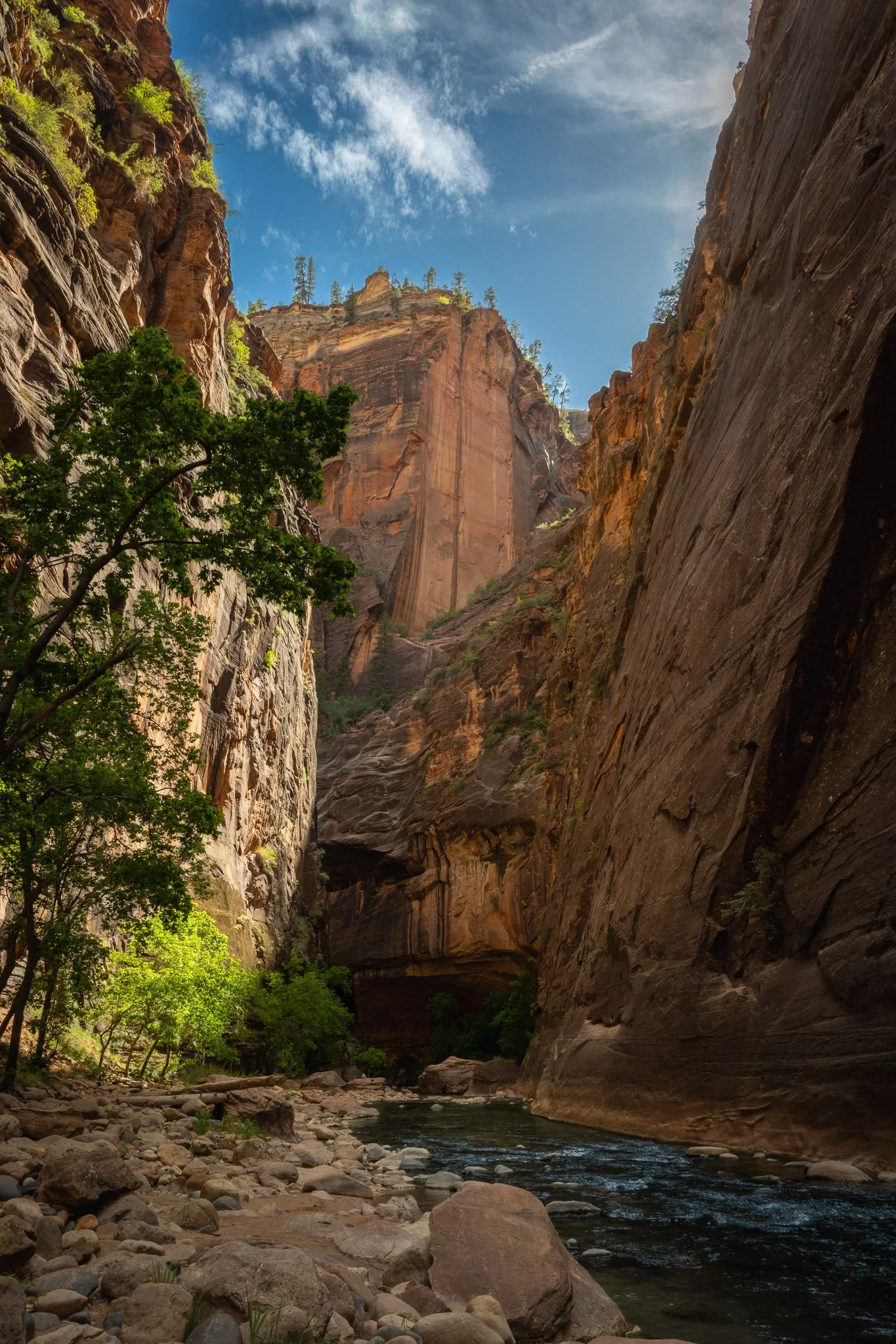 A deep canyon with steep, rocky walls and a river running below. Green trees line the riverbank, and the sky is partly cloudy.