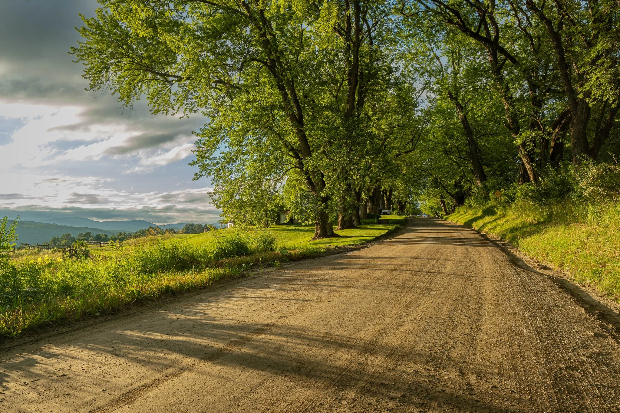 A dirt road winding through a lush landscape with green trees lining both sides under a partly cloudy sky.