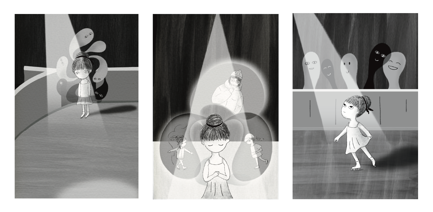  Stagefright   This illustration shows a girl on the ice, facing her fear and realizing it’s not as terrifying as she imagined.