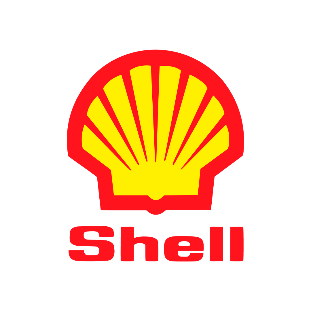 Shell logo with a yellow shell and red outline, and the word "Shell" in red below.