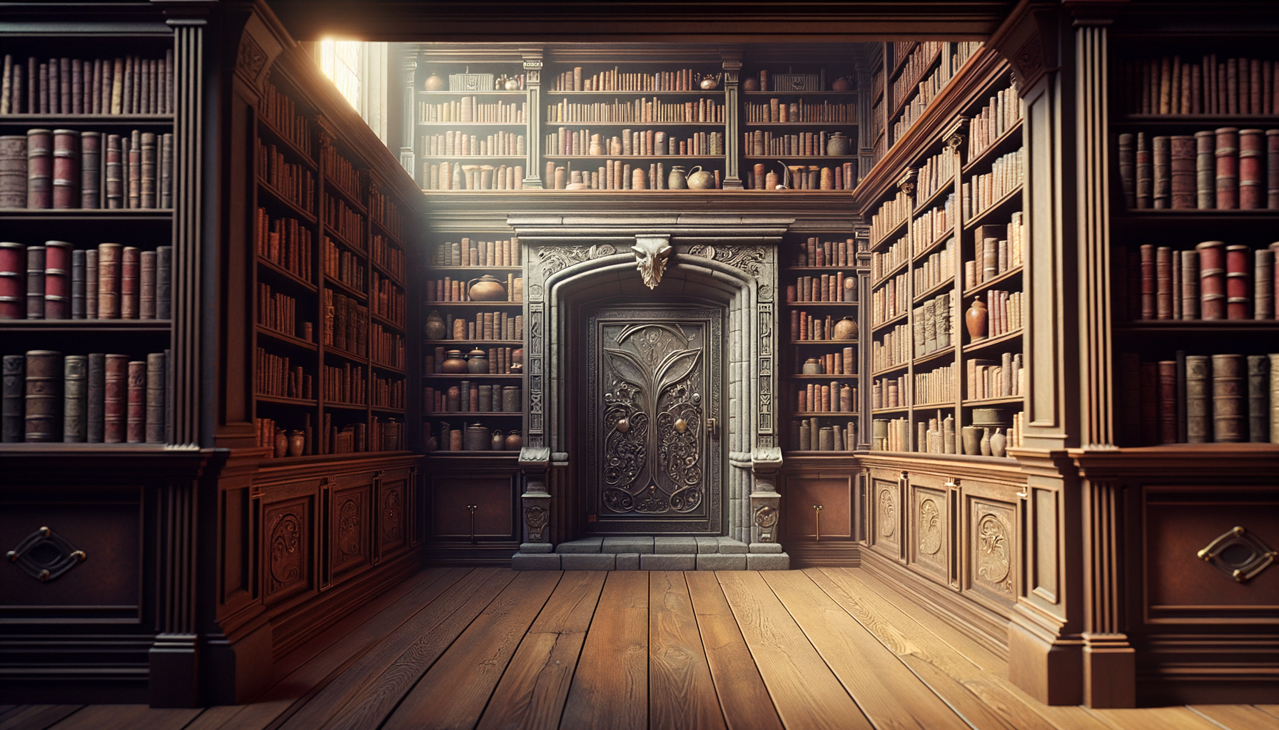 A grand, wood-paneled library with high shelves filled with books, an ornate fireplace, and sunlight streaming in from a window.