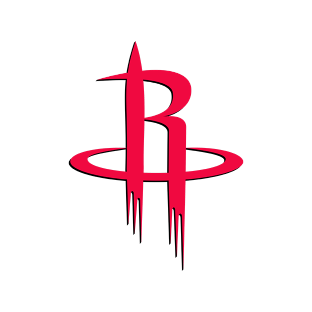 Houston Rockets logo with a red stylized 'R' and a hoop on a black background.